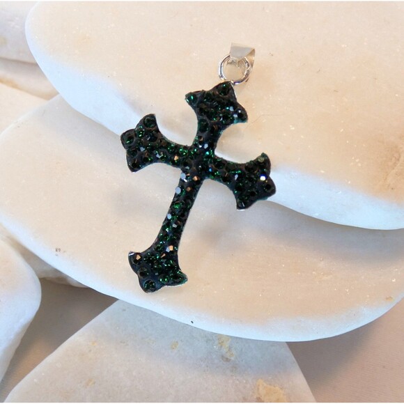 VTG Sterling Silver 925 Green Rhinestone Cross Pendant Light Weight - Picture 5 of 7